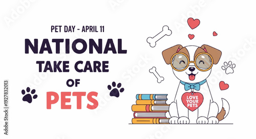 Cute dog with heart around national take care of pets day on april 11th promoting pet care and love with books and paw prints