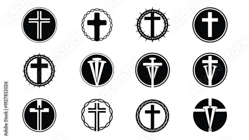 Collection of 12 good friday emblems with crosses and thorns on white background for easter and religious themes
