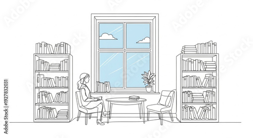 Illustration of Bookshelves and Window.