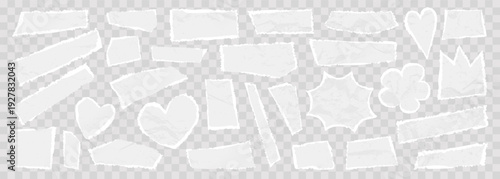 White torn crumpled scrapbook paper dialog textboxes. Vector ripped papers. Distressed edge frames. Grungy crumpled stickers. Rough wrinkled irregular shape crown, flower, heart cutout speech box bg