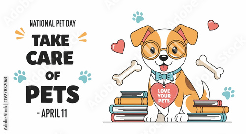 Cute dog with heart and books for national pet day taking care of pets concept