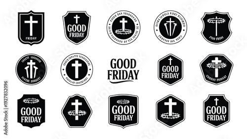 Collection of 12 vintage style good friday labels and badges with crosses and text on white background