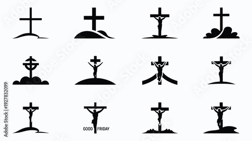 Collection of various black crucifix and cross silhouettes on white background for design and religious use