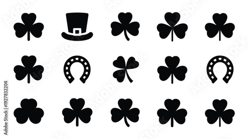 St patrick's day icons set with shamrocks clover horseshoe and top hat on white background for luck and celebration