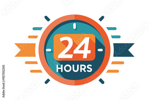 24 hour clock icon with orange and teal colors and banner ribbons