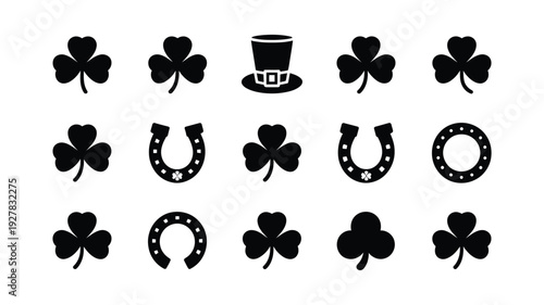St patrick's day symbols including black clover horseshoes and top hat on white background luck charms