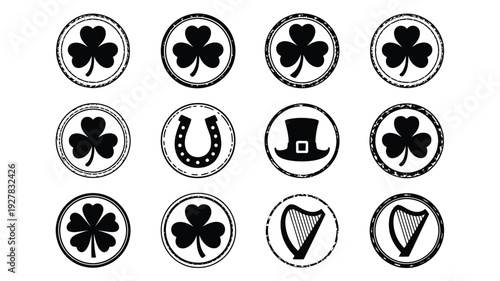 St patrick's day icons set including shamrocks horseshoe top hat and harp on white background