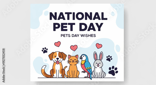 National pet day celebration with happy animals and hearts