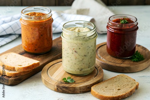 Three Different Spreading Sauces in Jars with Cut Bread.