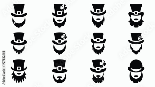 Collection of minimalist leprechaun faces with top hats and beards in black and white