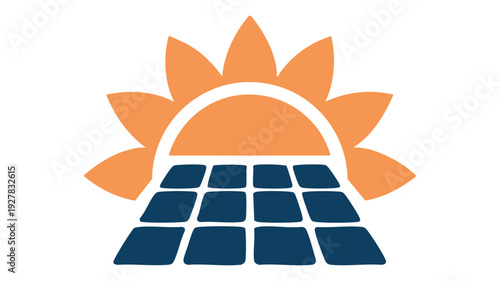 Solar panels under a stylized sun symbolizing renewable energy and sustainability.