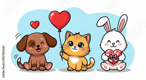 Cute cartoon animals with heart symbols dog cat and rabbit showing love and friendship