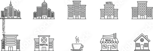 Collection of outline icons depicting various city structures including skyscrapers hotel hospital mall and residential house illustrations