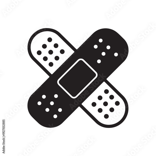 Band aid crossed over itself with adhesive strips and holes for air circulation on white background