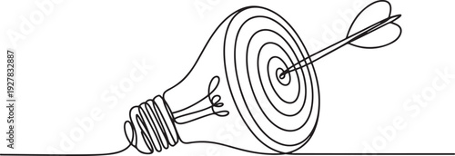 Continuous one line drawing of light bulb with a dart board. Startup idea creative imagination jackpot highest point. one line Icon drawing