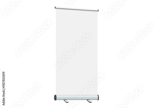 Blank roll-up banner stand with white canvas on a white background, perfect for presentations and marketing displays
