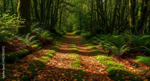 Misty Forest Path with Fallen Leaves.