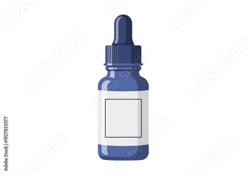A dark blue dropper bottle with a blank white label and cap, representing cosmetic or pharmaceutical products, isolated on a white background