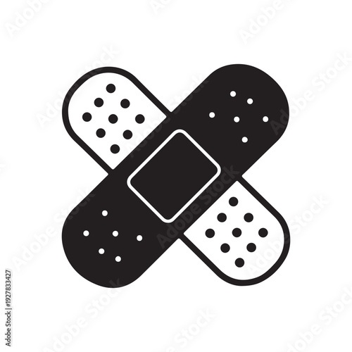 Black and white band aid crossed over itself with holes for ventilation and an adhesive center