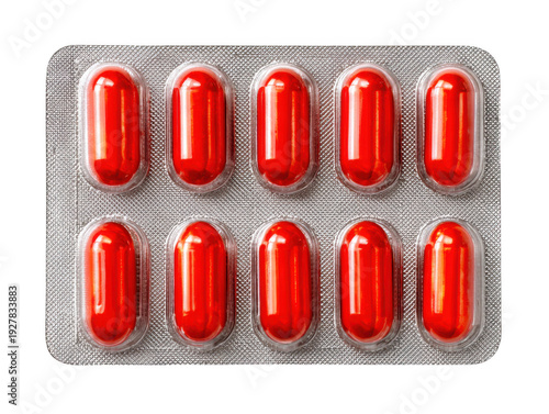 Blister pack of red pills isolated on transparent background