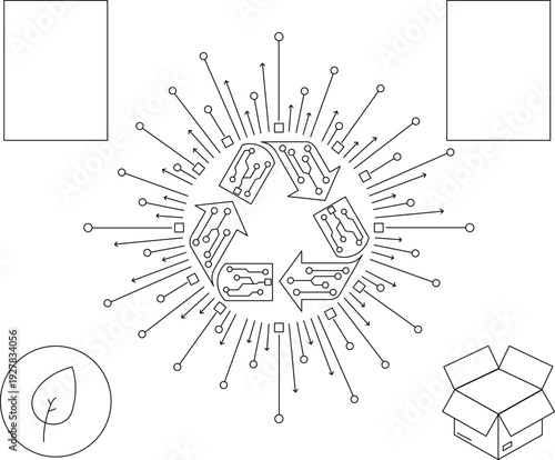 This shows the recycling process for electronic waste with arrows and circuit symbols. The design highlights how components are reused. It is a simple illustration of recycling actions.