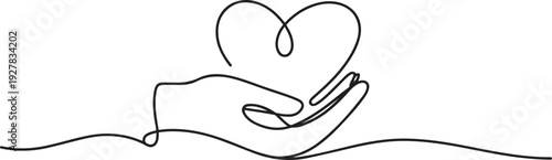 continuous line drawing of hand hugging heart, hug. Vector. one line Icon drawing