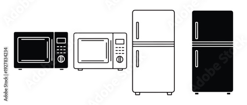 Line drawing of kitchen appliances on white background
