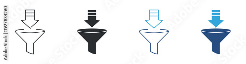 Data import icon set, download funnel symbol, information filtering sign, database processing vector illustration