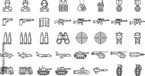 Military and Warfare Icon Set Featuring Soldiers Weapons Vehicles Aircraft and Tactical Equipment Symbols for Defense Games Simulations and Security Interfaces