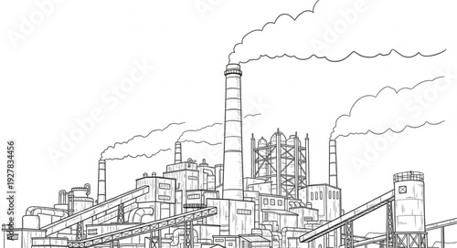 Industrial Factory Complex with Smokestacks.