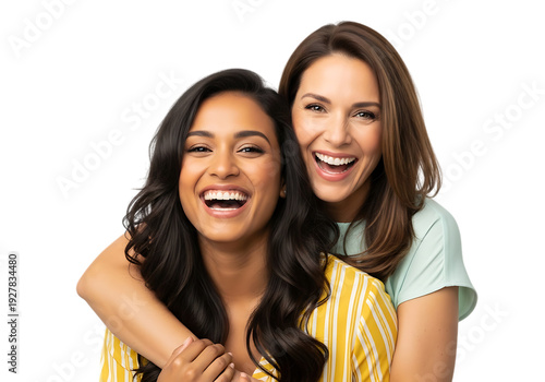 Two happy women friends laughing together, embracing joy and friendship with bright smiles and a close bond.