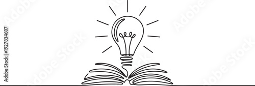 One single line drawing of shining light bulb above open text book logo identity. one line Icon drawing