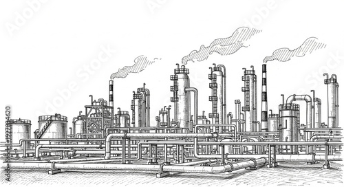 Industrial Factory Complex with Smokestacks.