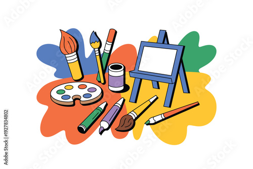 A colorful illustration of art supplies on a vibrant background