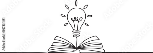 One single line drawing of shining light bulb above open text book logo identity. one line Icon drawing