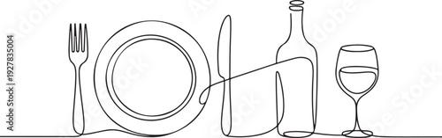 Continuous one single line drawing of plate, fork, knife, bottle of wine and glass. Restaurant menu. Menu food design. one line Icon drawing
