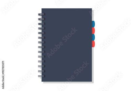 Clean vector illustration of a dark blue spiral-bound notebook with colorful divider tabs, ideal for planning, journaling, and organized note-taking