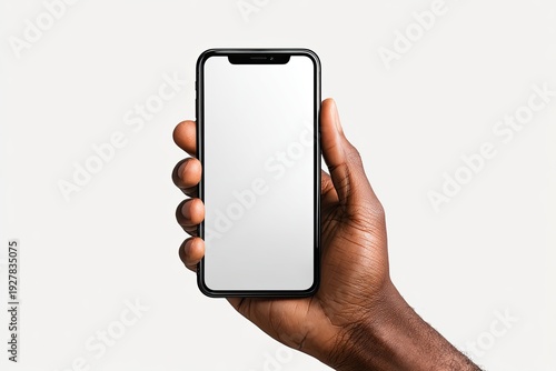A hand, dark-skinned, firmly grips a smartphone with a blank, bright screen