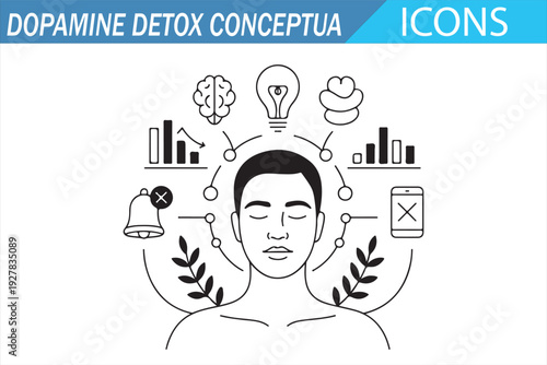 Digital Detox and Mindfulness Line Icons – Brain Balance Concept