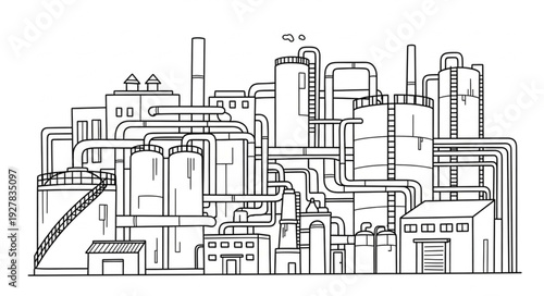 Industrial Factory Complex Line Drawing.