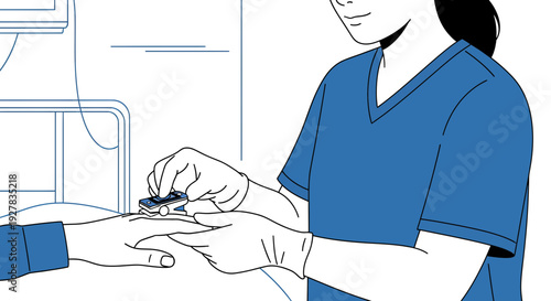 Nurse checking patient's pulse oximeter reading in hospital room