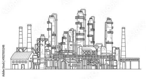Industrial Factory Complex Line Drawing.