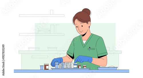 Nurse in Scrubs Organizes Medications in Healthcare Setting