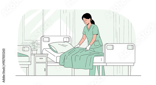 Nurse Making Hospital Bed with Clean Linens and Pillow