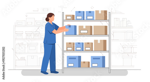 Nurse Organizing Medical Supplies in Hospital Storage Room