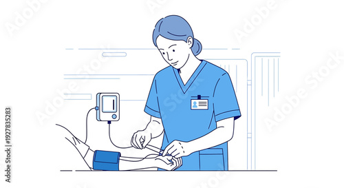 Nurse Measuring Blood Pressure on Patient's Arm in Clinic