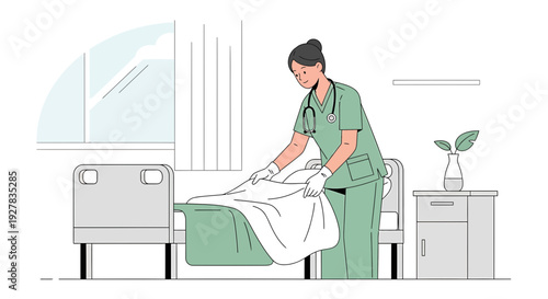 Nurse Making Hospital Bed with Patient Underneath Flat Design