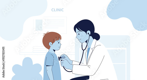 Pediatrician examining child with stethoscope in clinic, illustration