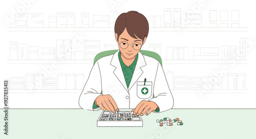 Pharmacist Arranging Pills in Organizer, Pharmacy Counter with Shelves