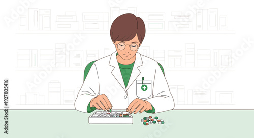 Pharmacist sorting pills in dispenser, medical supplies background